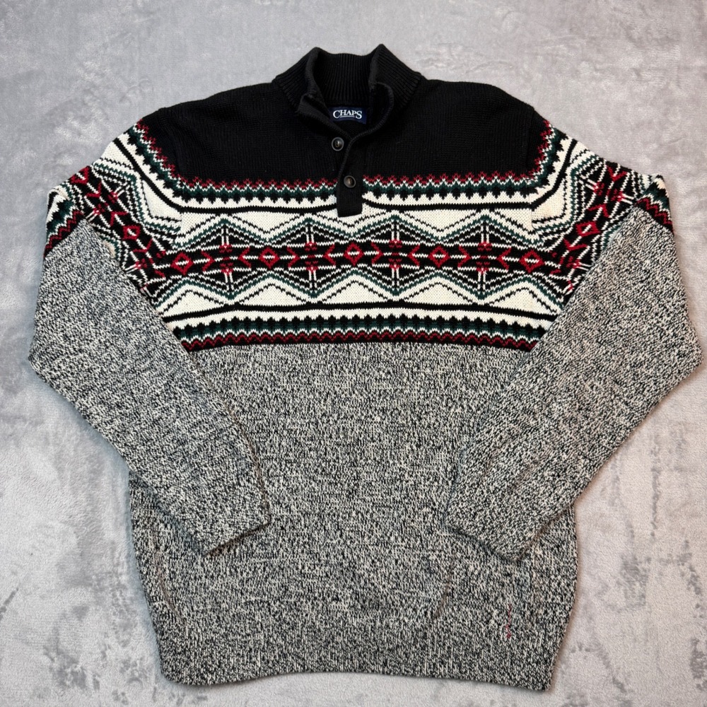 Chaps Sweater Mens Large Black Gray Fair Isle Mock Neck Button Pullover Knit